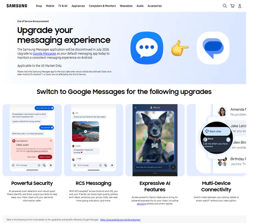 Samsung Messages ferme en juillet 2026 au marché américain