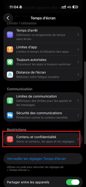 iphone réglages temps écran télécharger apps sans mot de passe