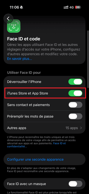 iphone réglages face id code installer apps sans apple id