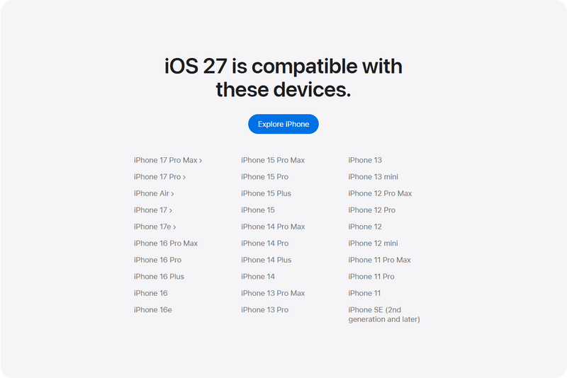 liste appareils compatible avec iOS 27