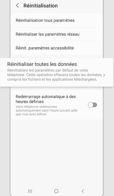 réinitialisation tout les donnees samsung