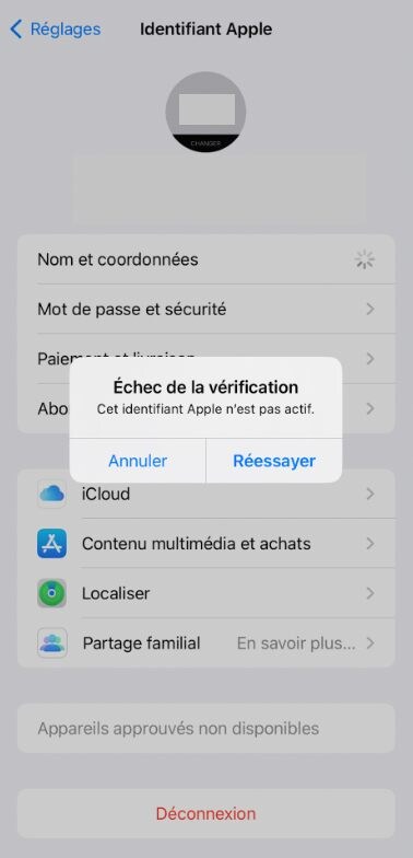 Échec de la vérification, cet identifiant Apple n'est pas actif