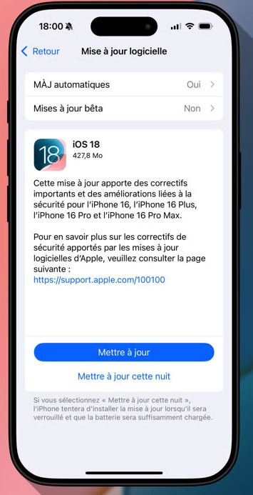 Mise à jour logicielle sur iPhone ios 18