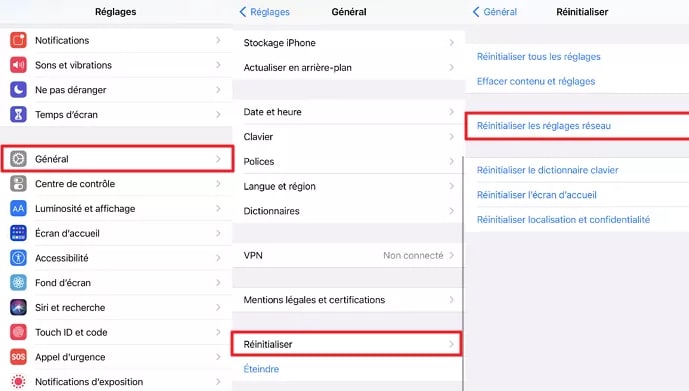 réinitialiser les reglages réseau sur iPhone