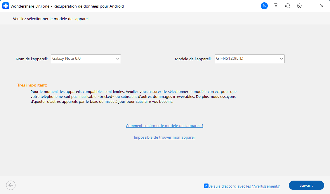 Sélectionnez le nom et le modèle de l'appareil sur le nouvel écran et cliquez sur Suivant.Sélectionnez le modèle et le nom de l'appareil. 