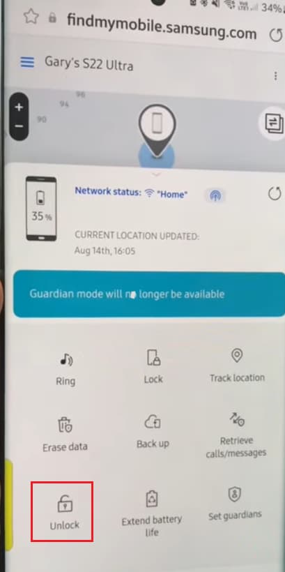 avant -déverrouiller téléphone via findmymobile.samsung.com 