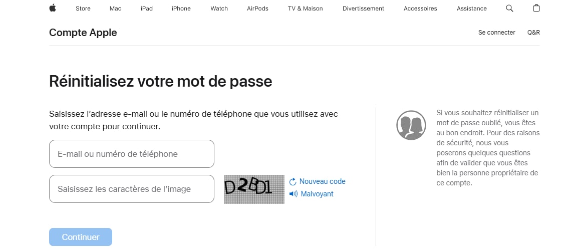 Réinitialiser le mot de passe iforgot apple
