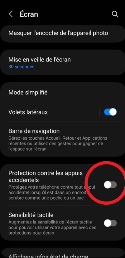 Protection contre les appuis accidentels samsung