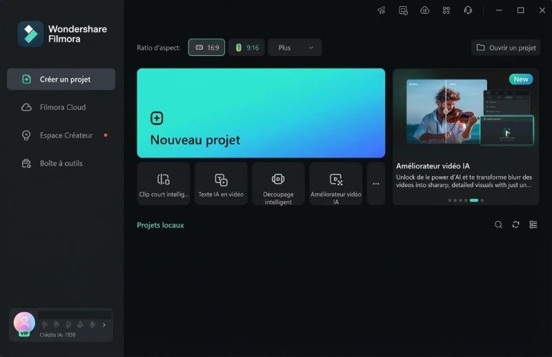 lancer Filmora et cliquer sur « nouveau projet »