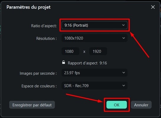 filmora-paramètres-projet-ratio-9:16