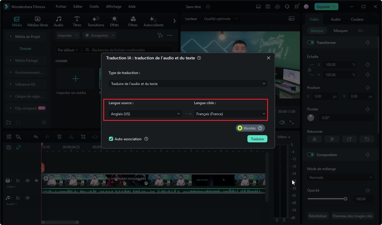 filmora-sélection-langue-source-et-cible