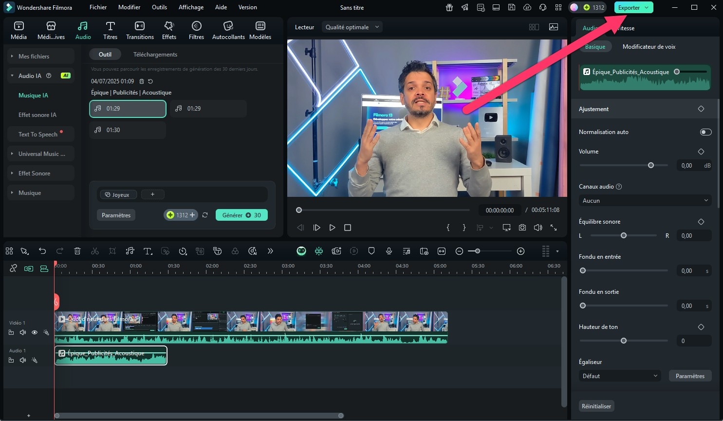 ajustement musique et exportation video