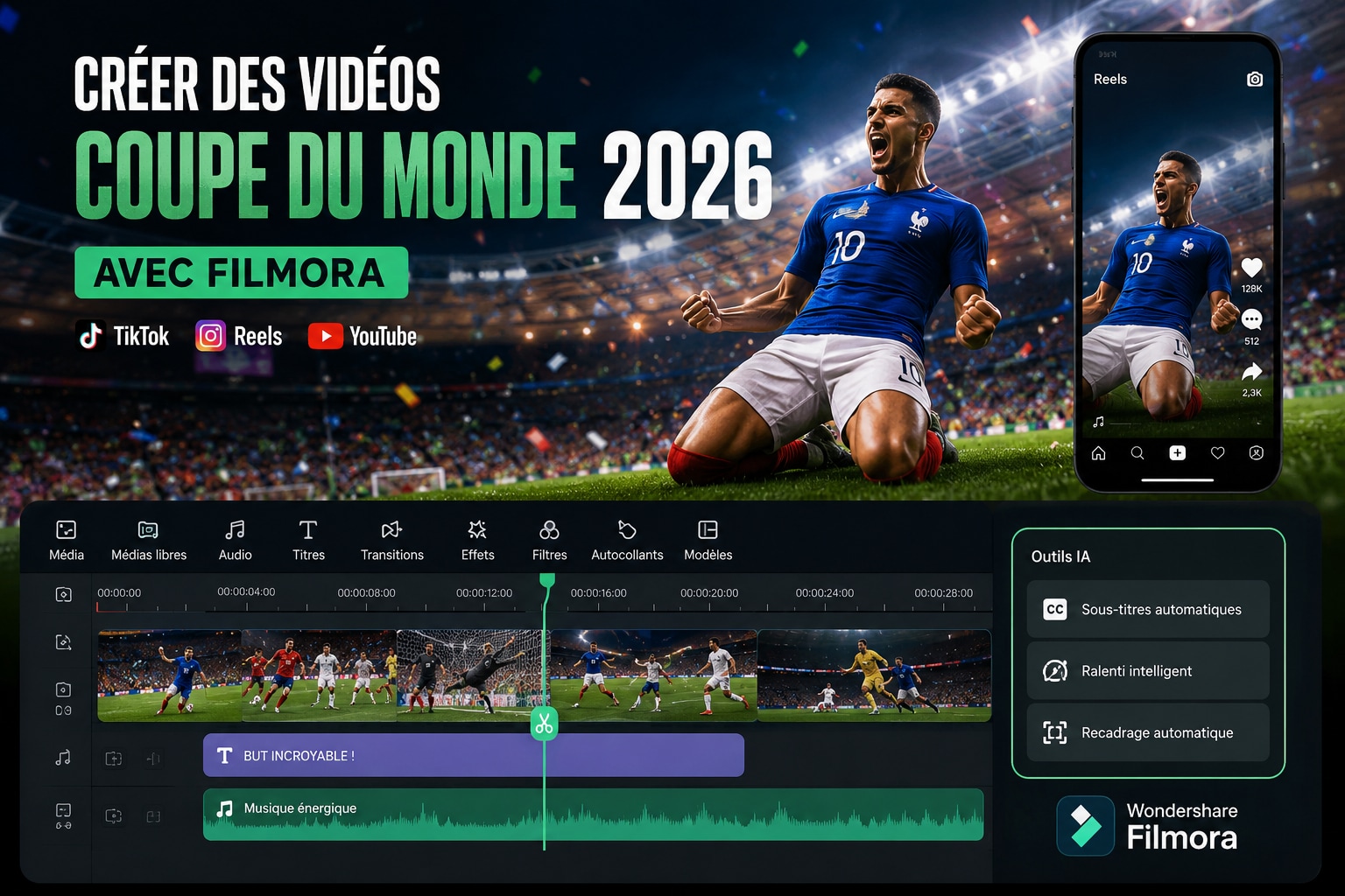 création de vidéos coupe du monde 2026 avec Filmora pour TikTok Reels et YouTube