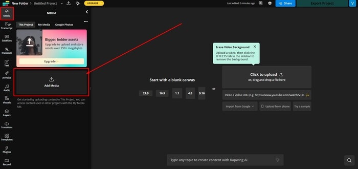 importer vidéo tableau bord kapwing