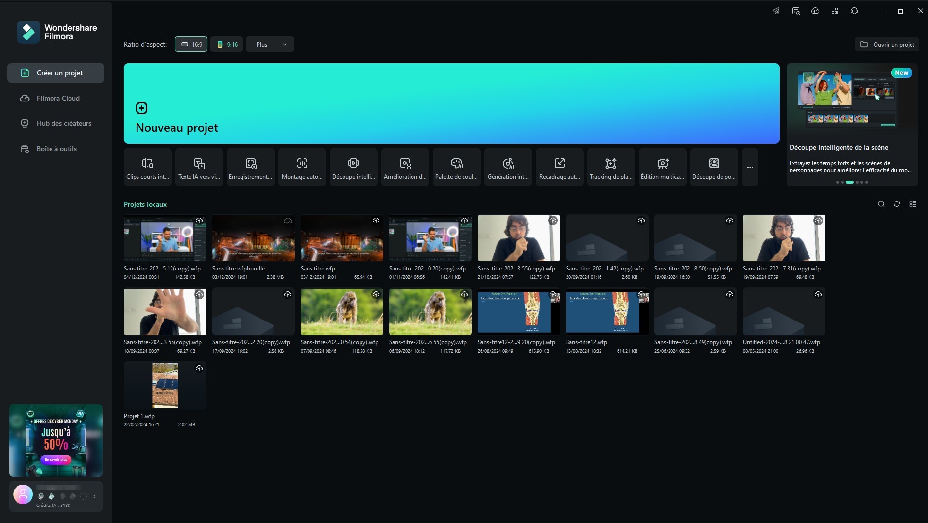 interface accueil de filmora