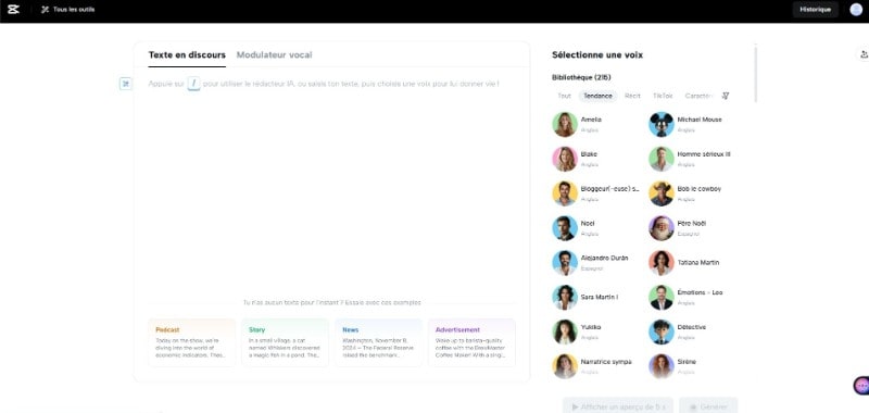 interface de synthese vocale capcut