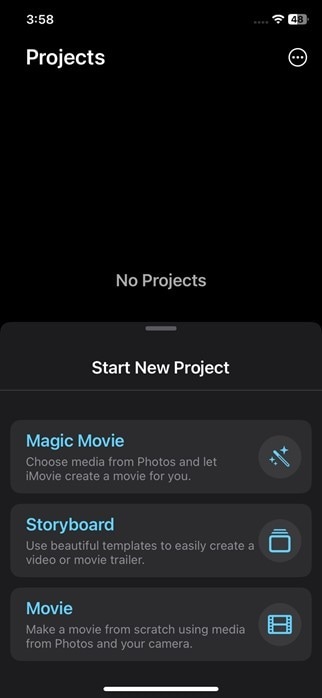 demarrer un nouveau projet dans imovie