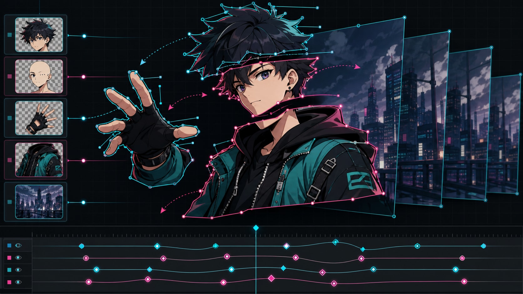personnage anime découpé en segments avec lignes vectorielles et points de keyframes