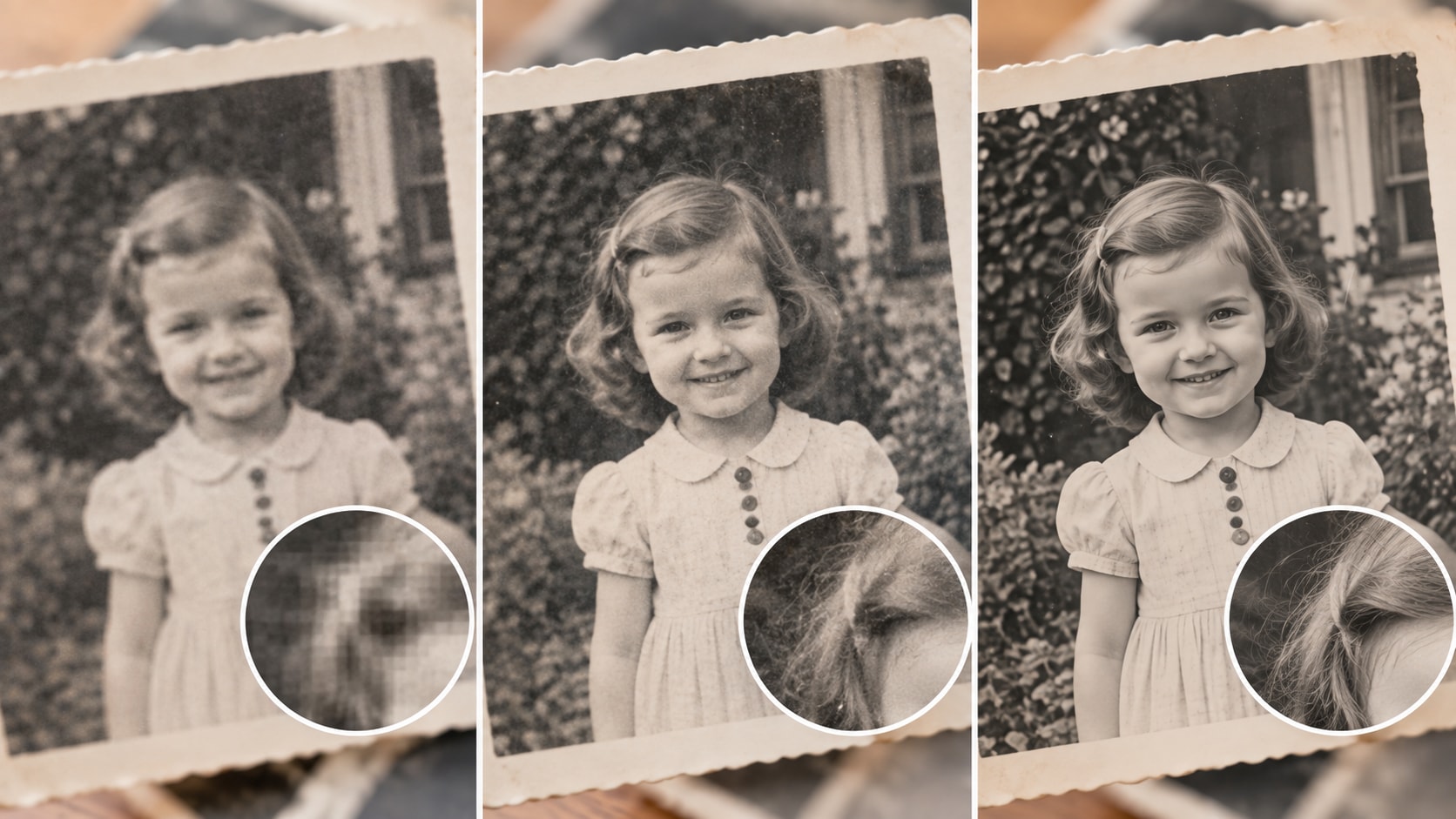 Comparaison d'une vieille photo numérisée en 300, 600 et 1200 dpi