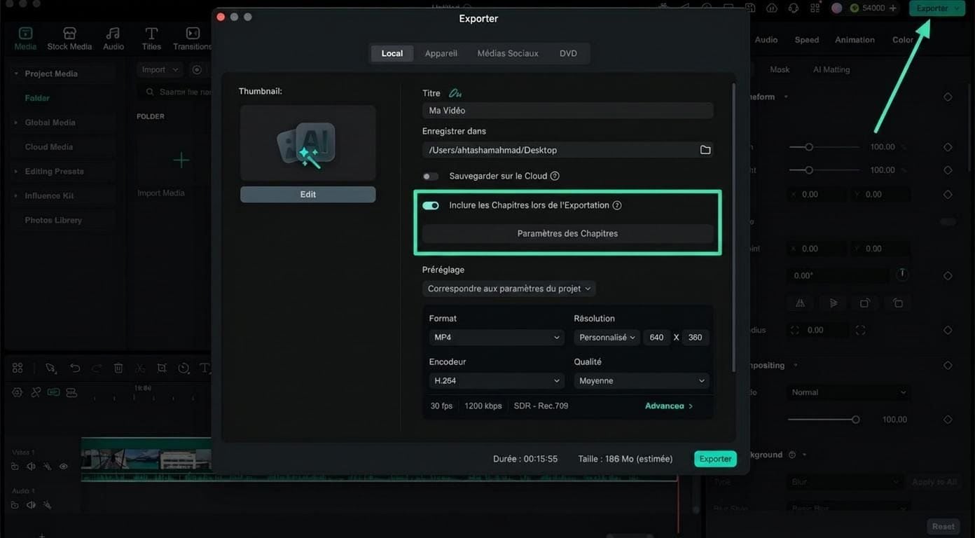 open chapter settings from export window