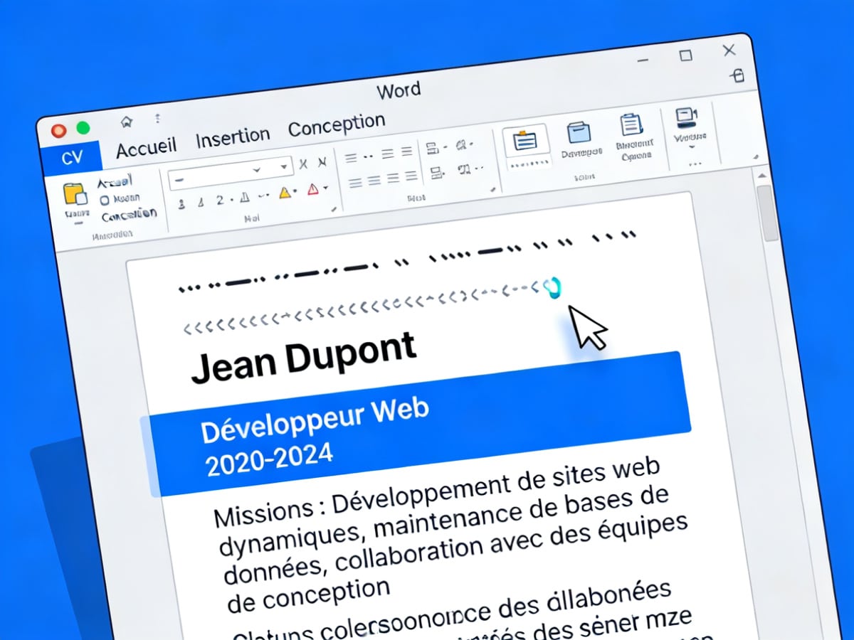 CV Word ouvert dans Word/Google Docs, texte en cours de modification