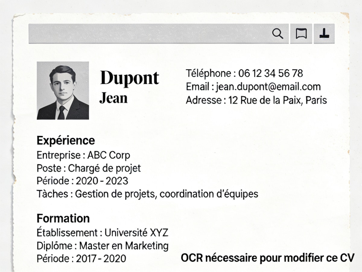 exemple de CV PDF scanné + mention “OCR nécessaire”