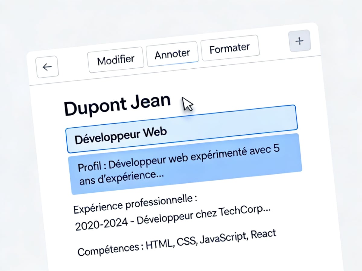 interface d’un éditeur PDF avec un curseur dans un bloc de texte du CV