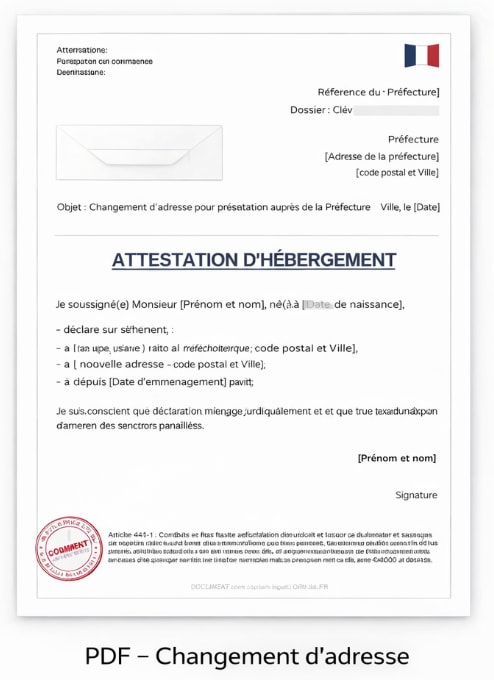 Attestation hébergement changement adresse PDF