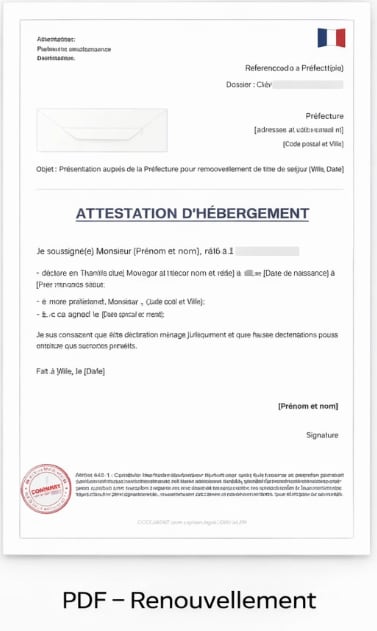 Attestation hébergement renouvellement titre de séjour PDF