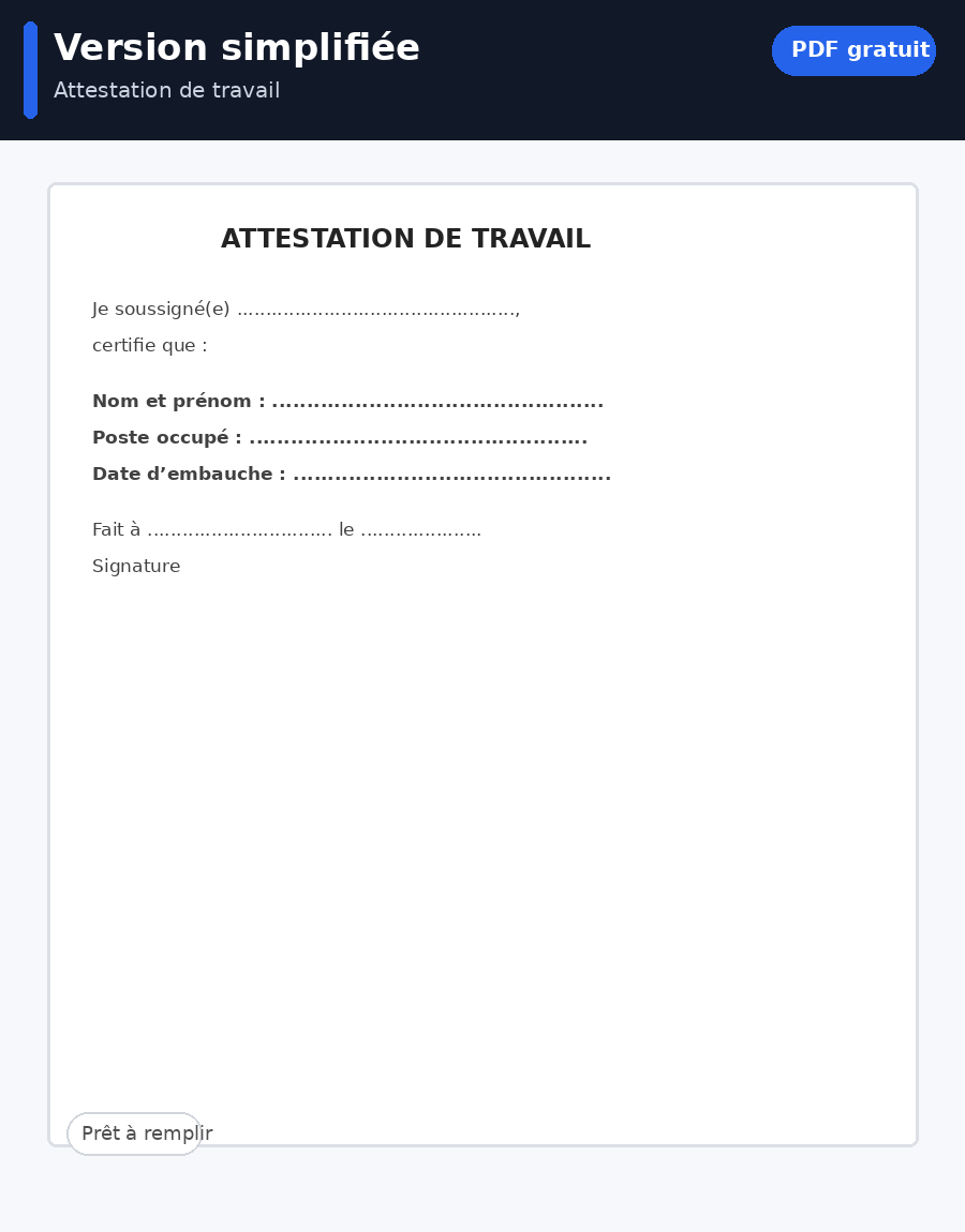 Attestation de travail simple PDF