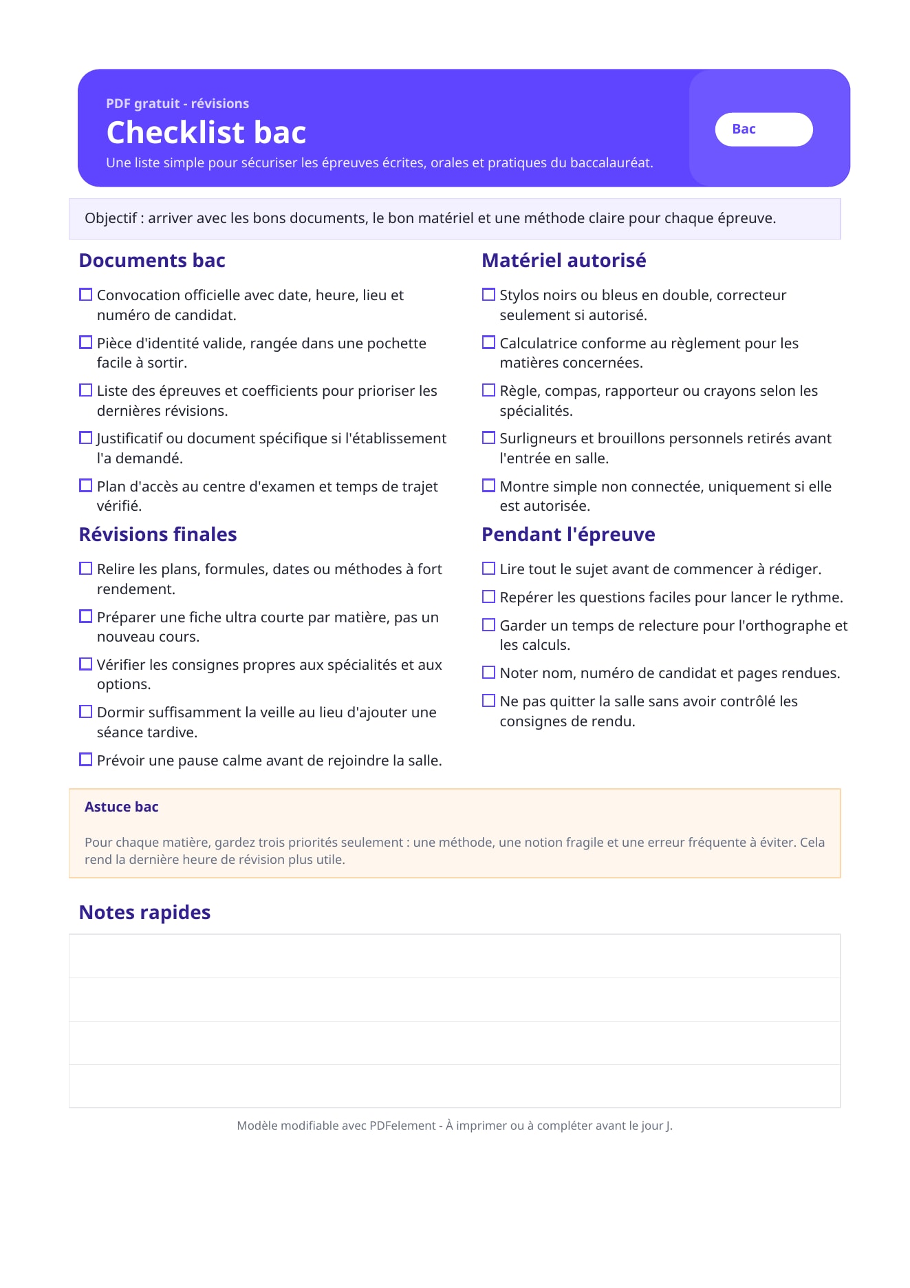 Checklist bac PDF