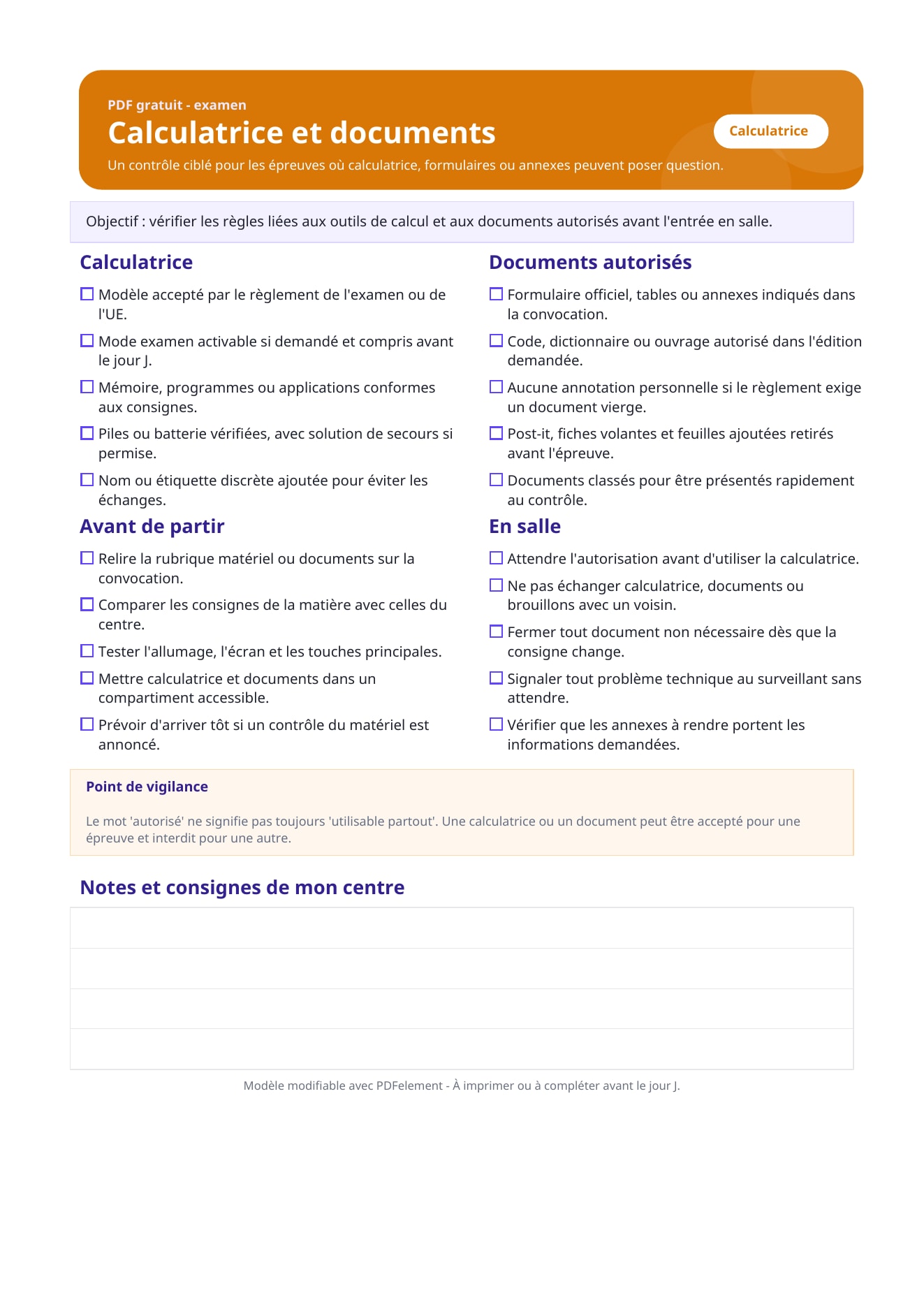 Checklist calculatrice et documents PDF