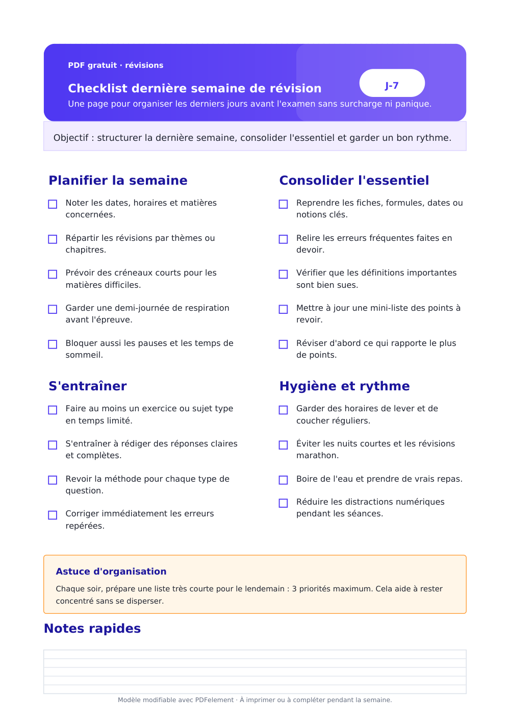 Checklist dernière semaine de révision PDF