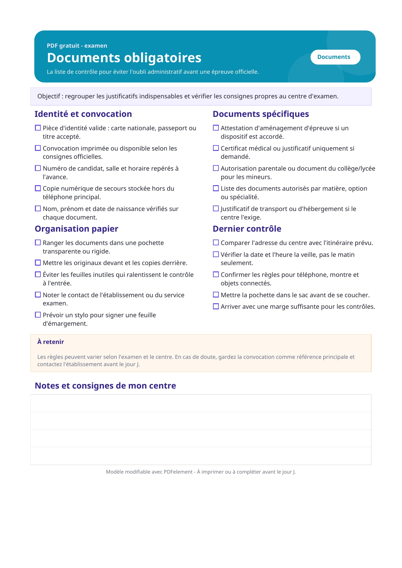 Checklist documents obligatoires examen PDF