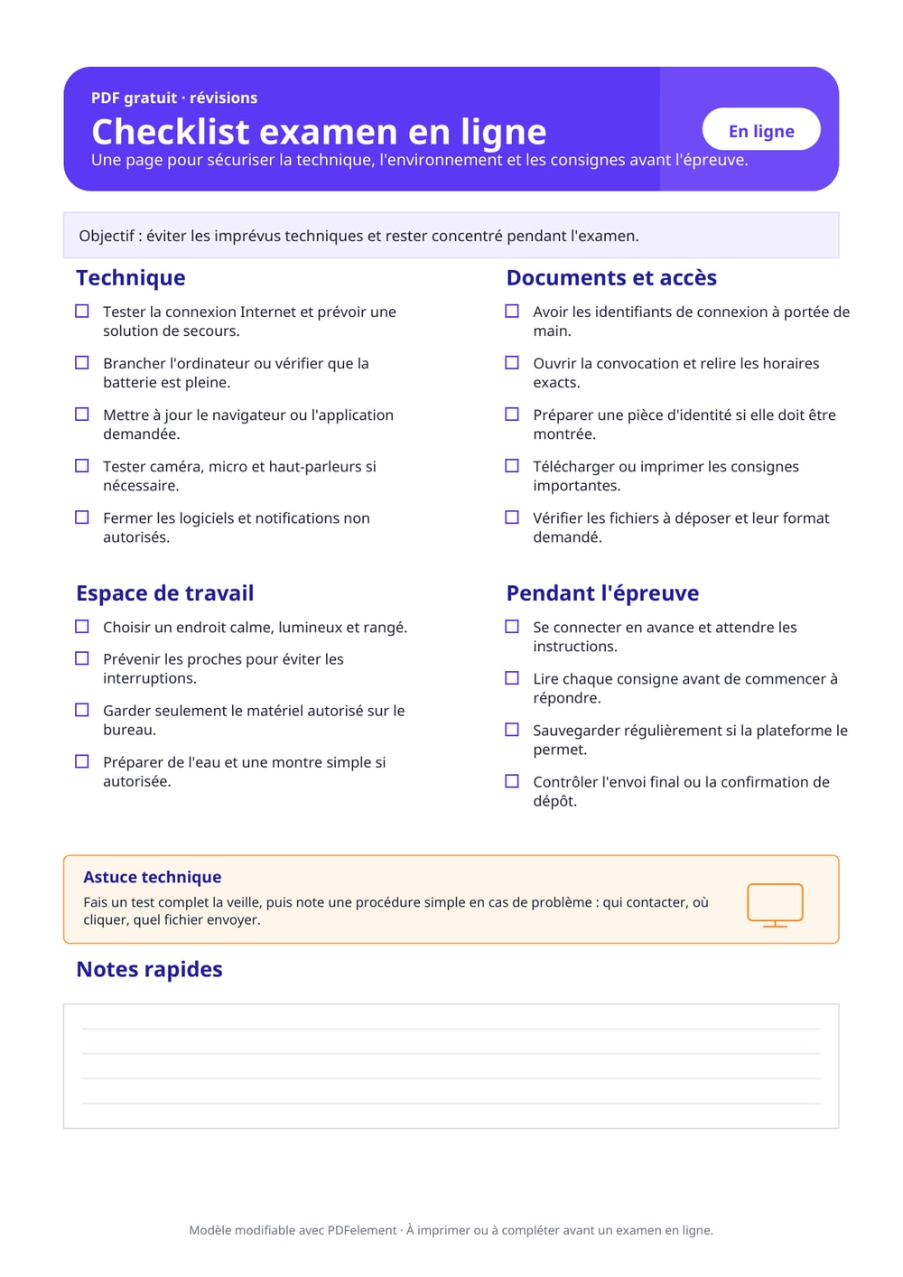 Checklist examen en ligne PDF