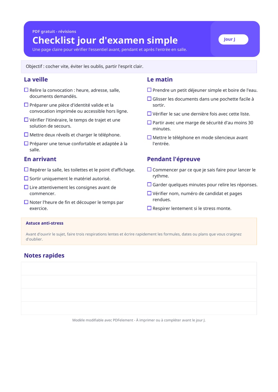 Checklist jour d’examen simple PDF