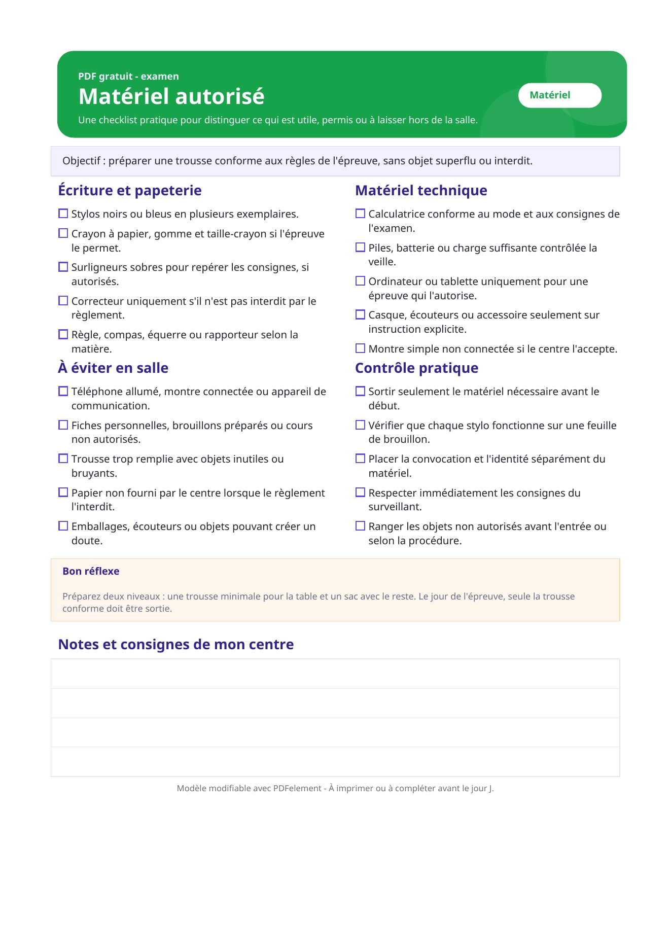 Checklist matériel autorisé examen PDF
