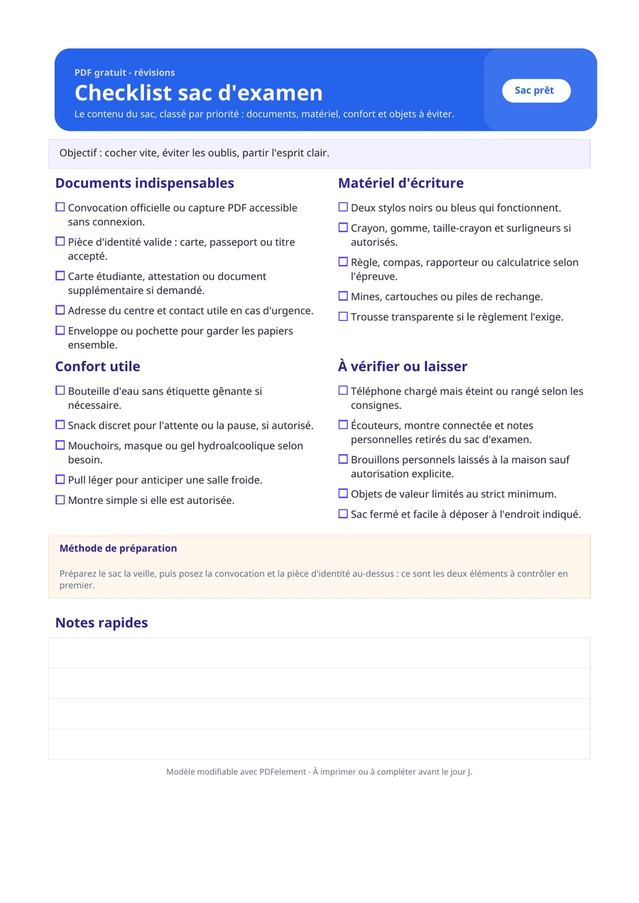 Checklist sac d’examen PDF