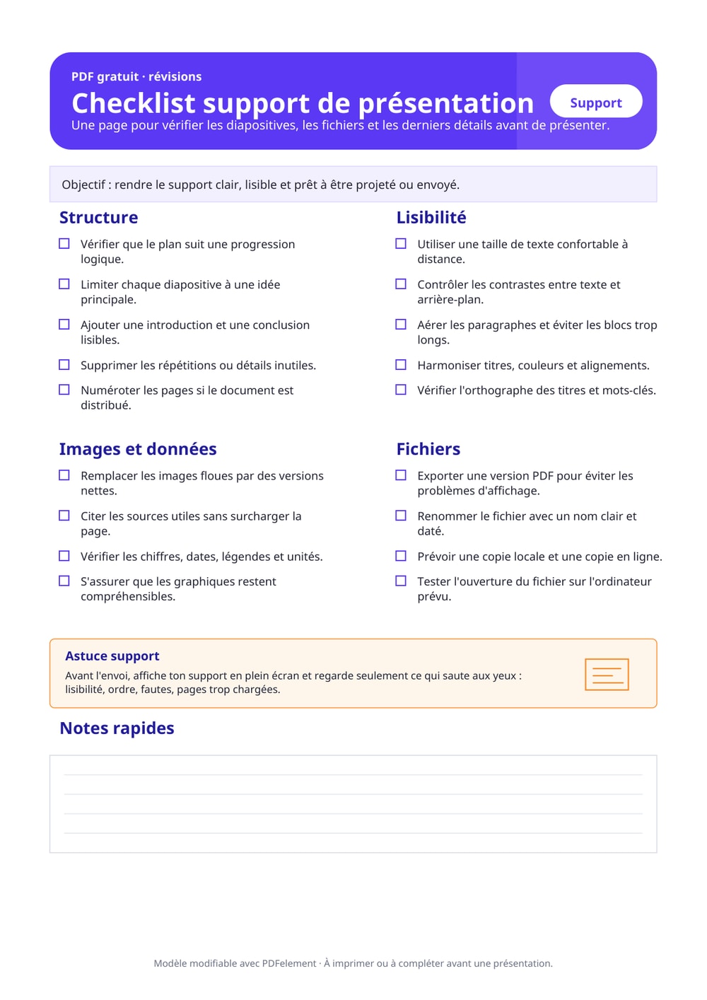 Checklist support de présentation PDF