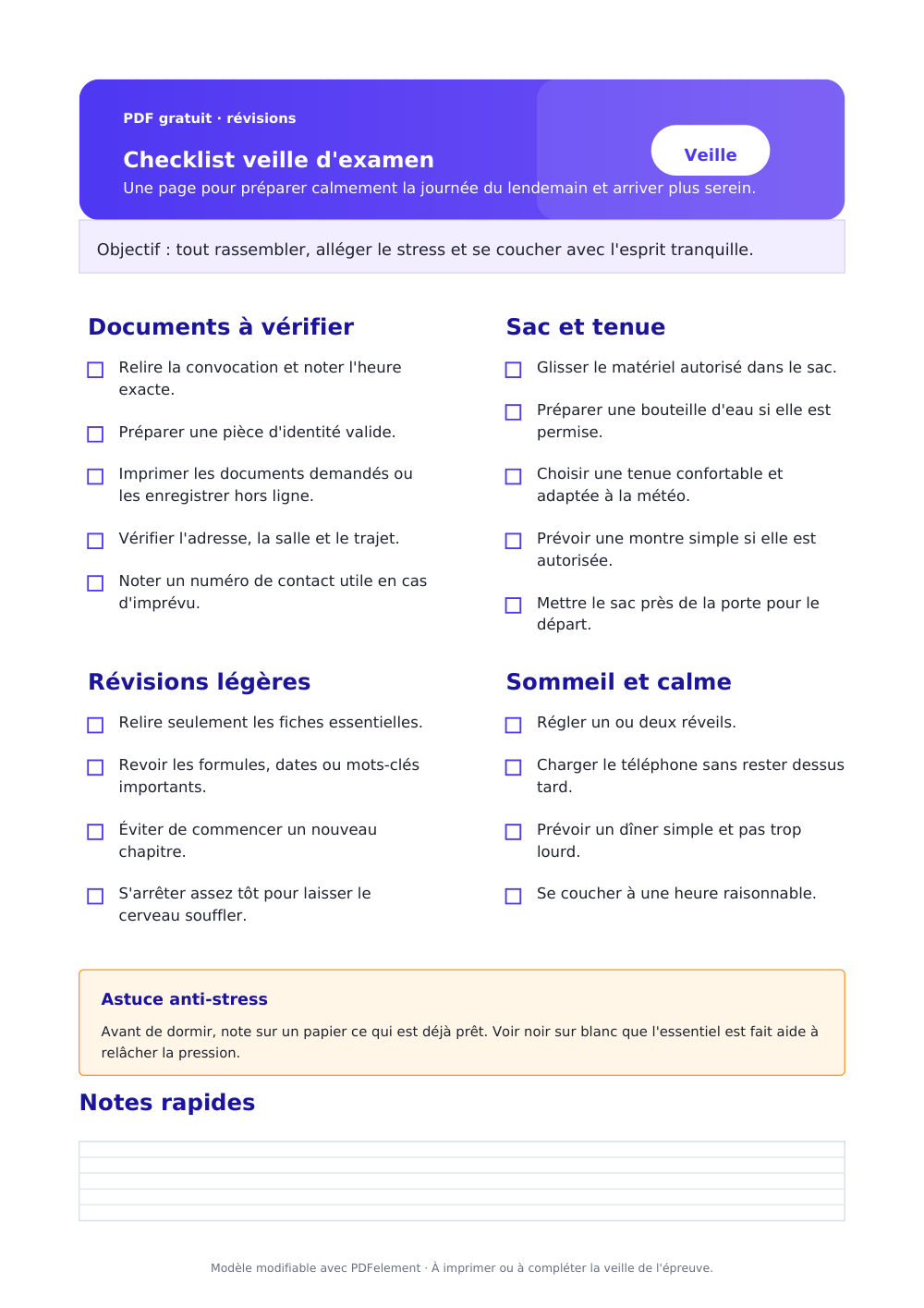 Checklist veille d’examen PDF