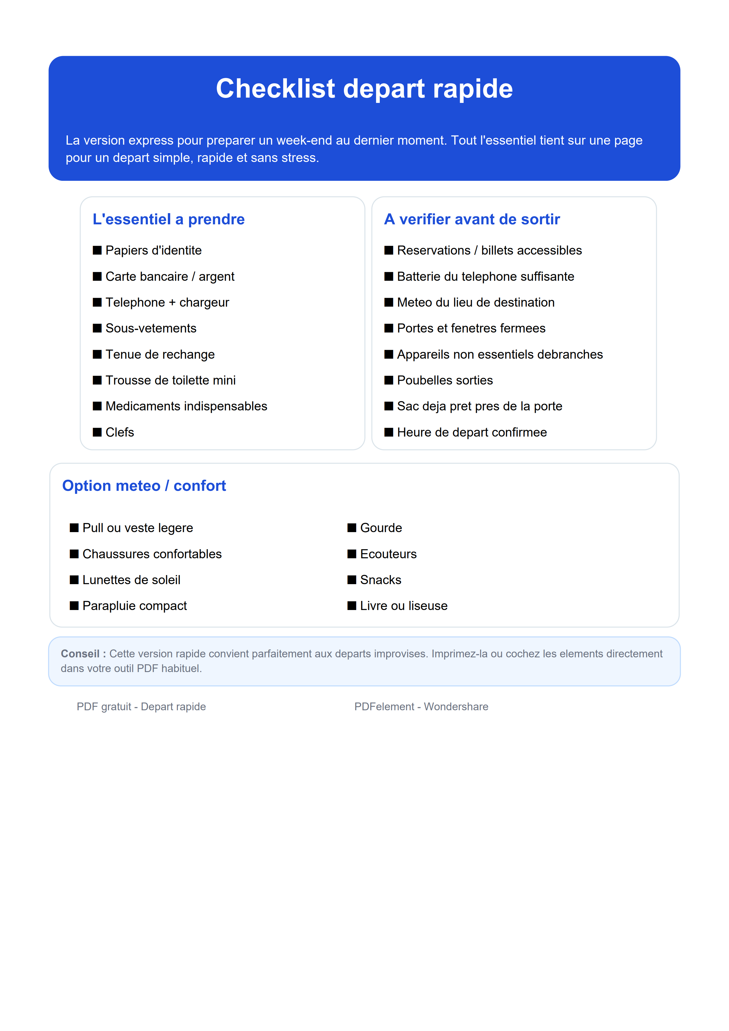 Checklist départ rapide PDF
