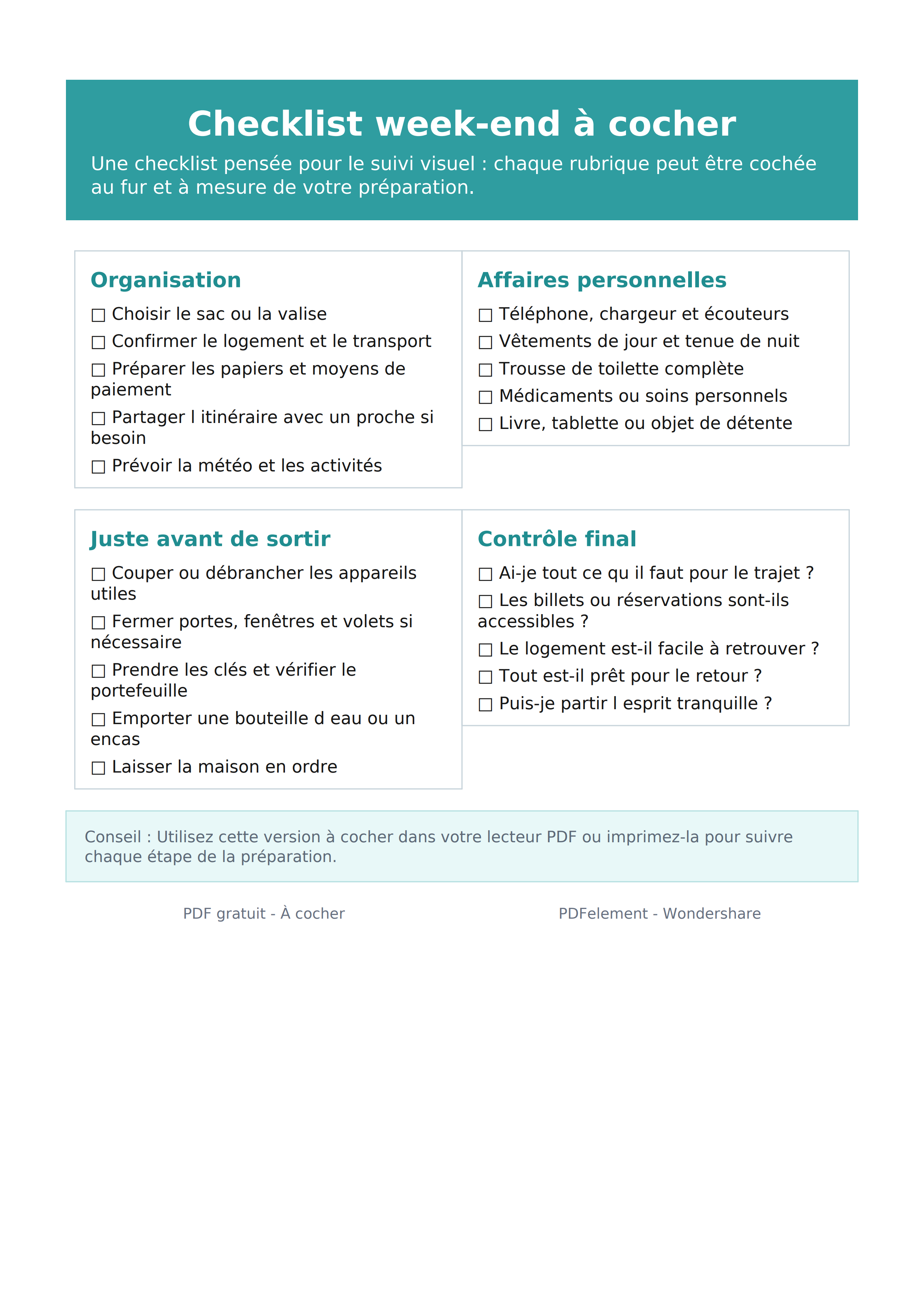 Checklist week-end à cocher PDF