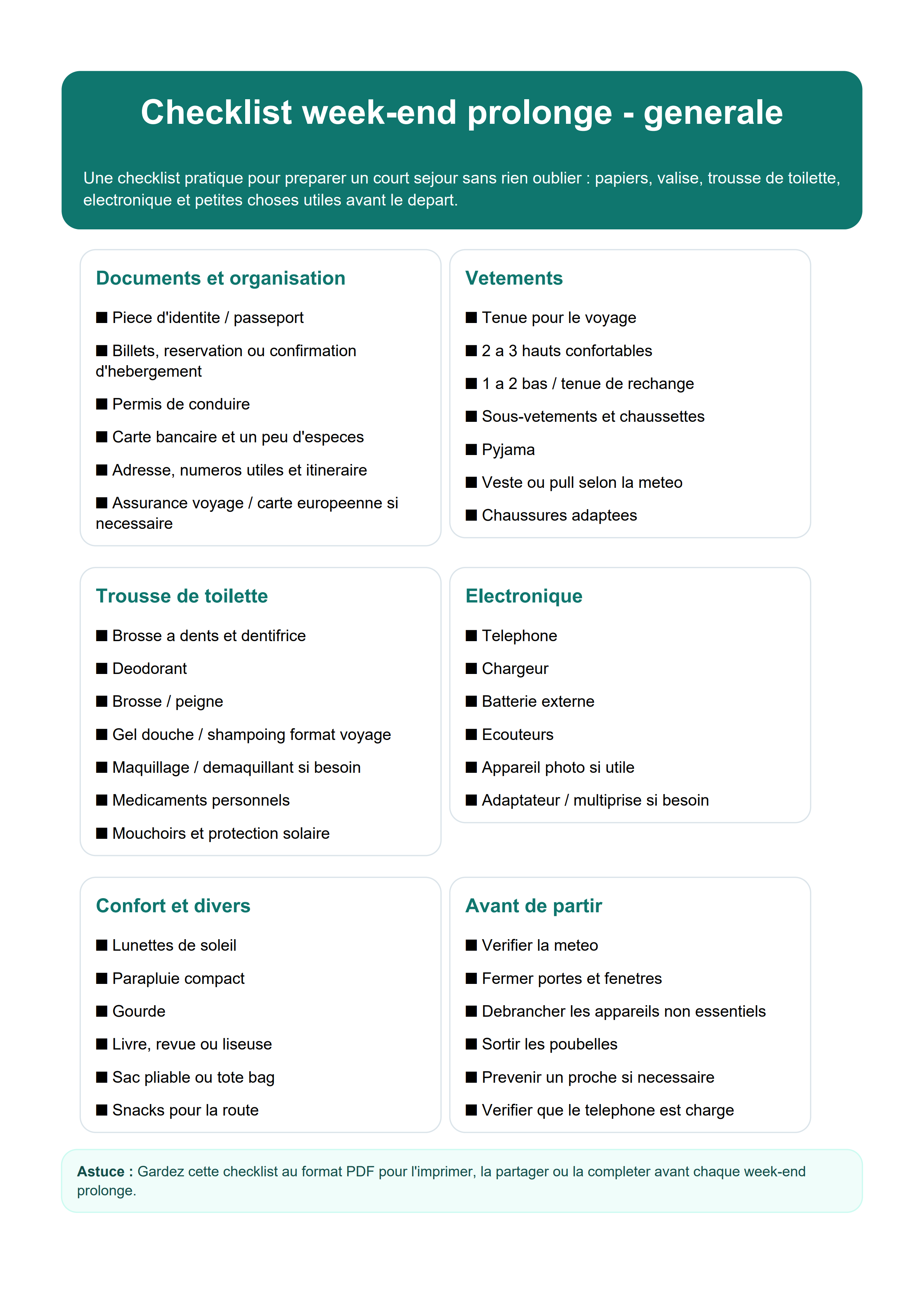 Checklist week-end prolongé générale PDF