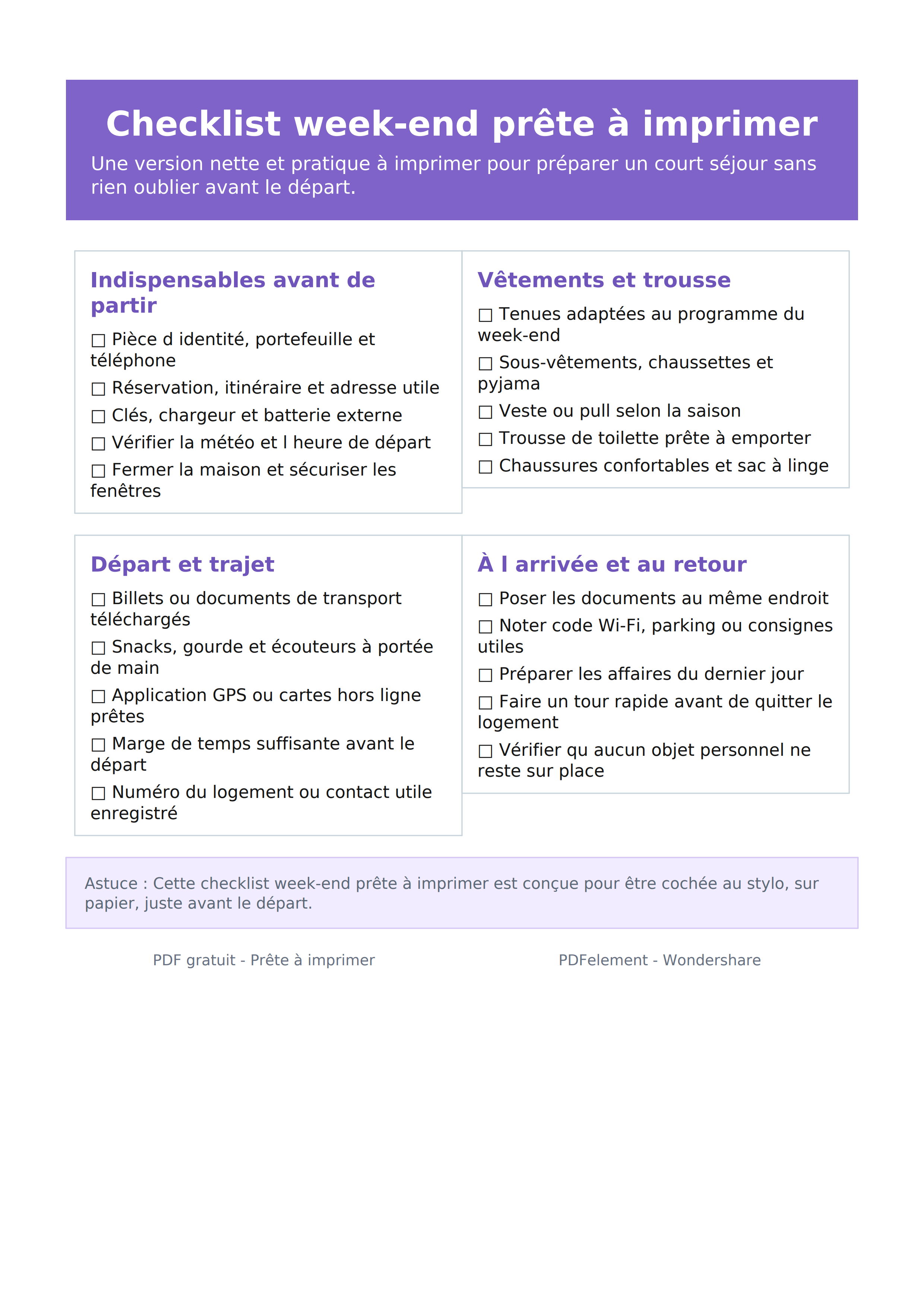 Checklist week-end prête à imprimer PDF