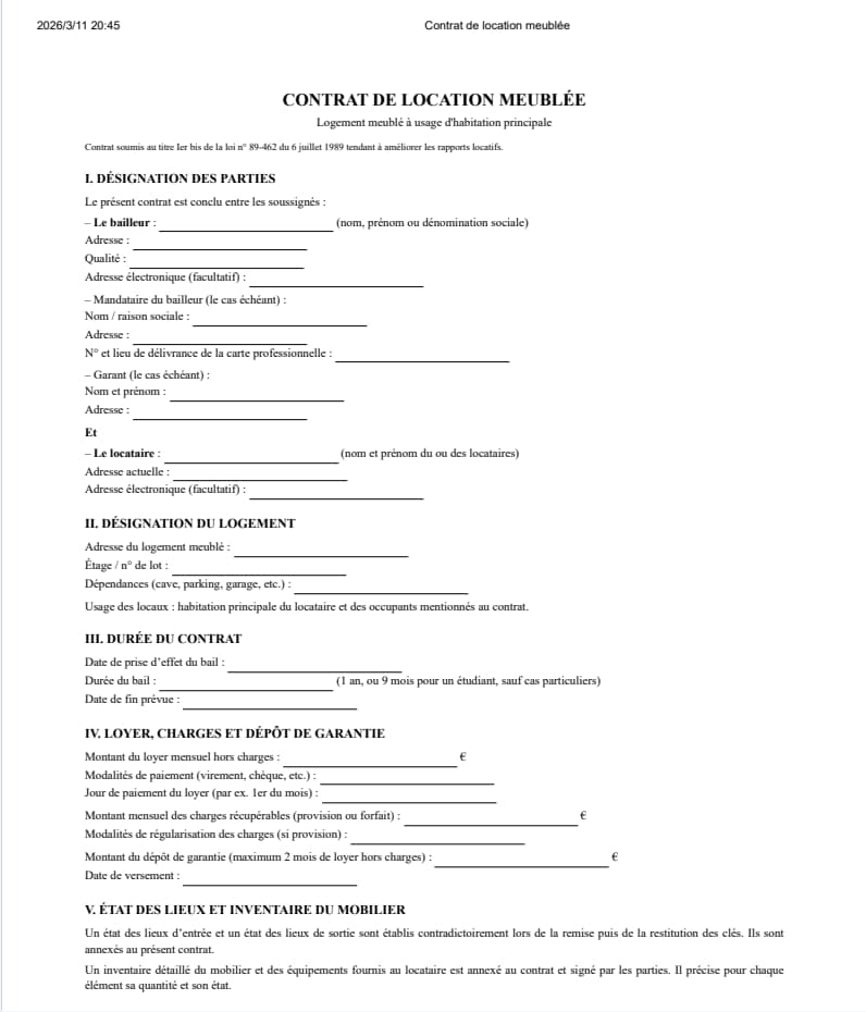 Contrat location meublée