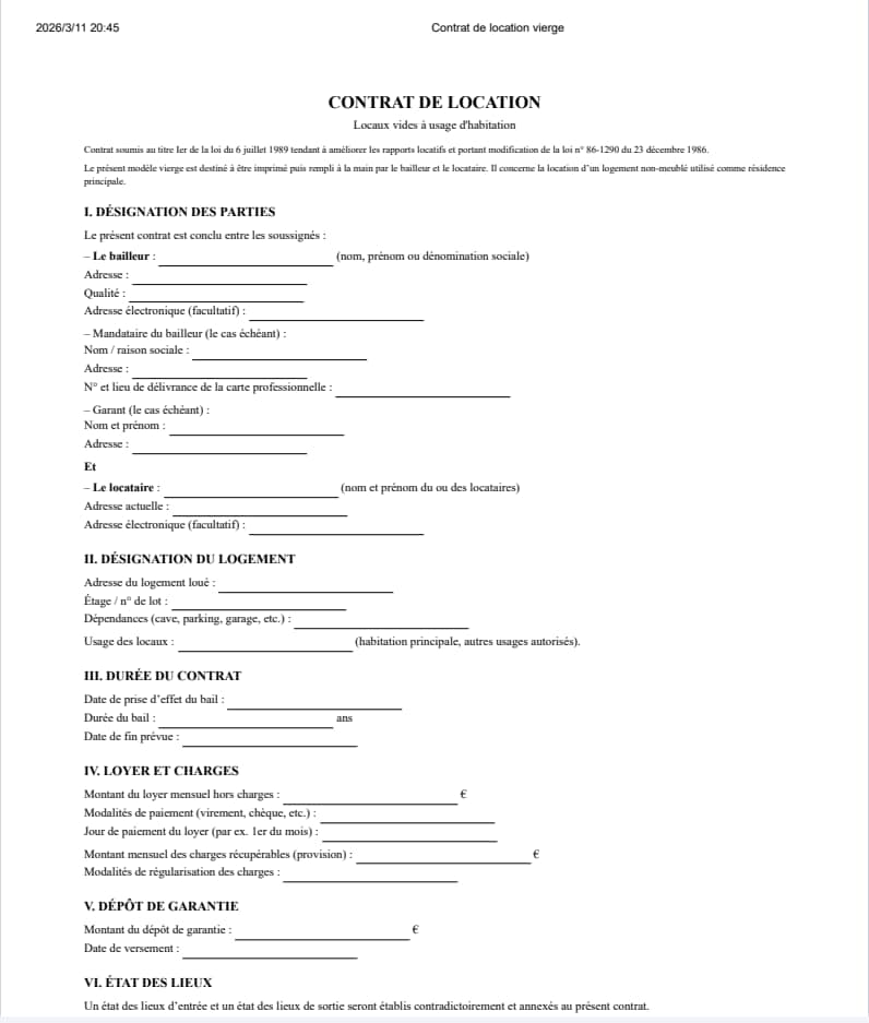 Contrat de location vierge