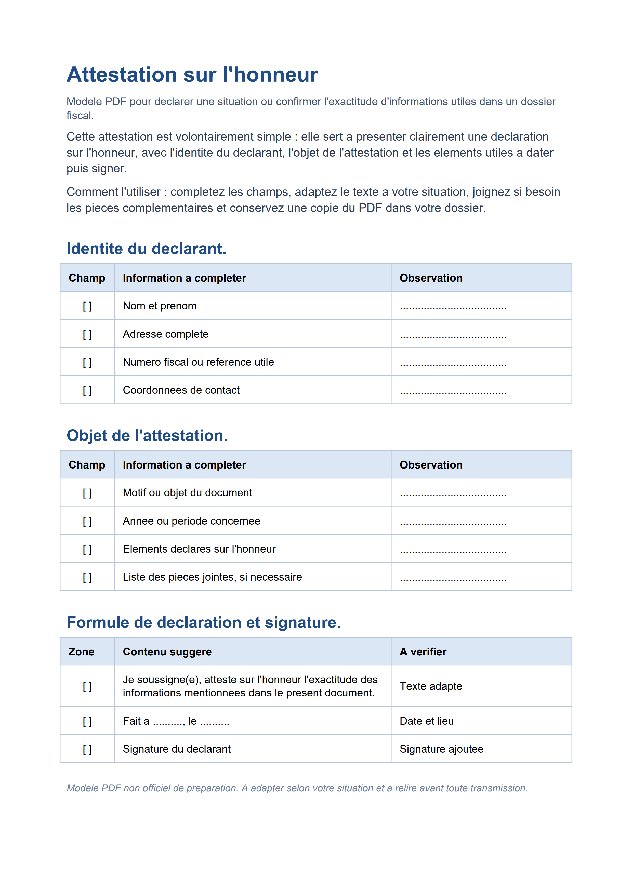 Attestation sur l'honneur impôts PDF