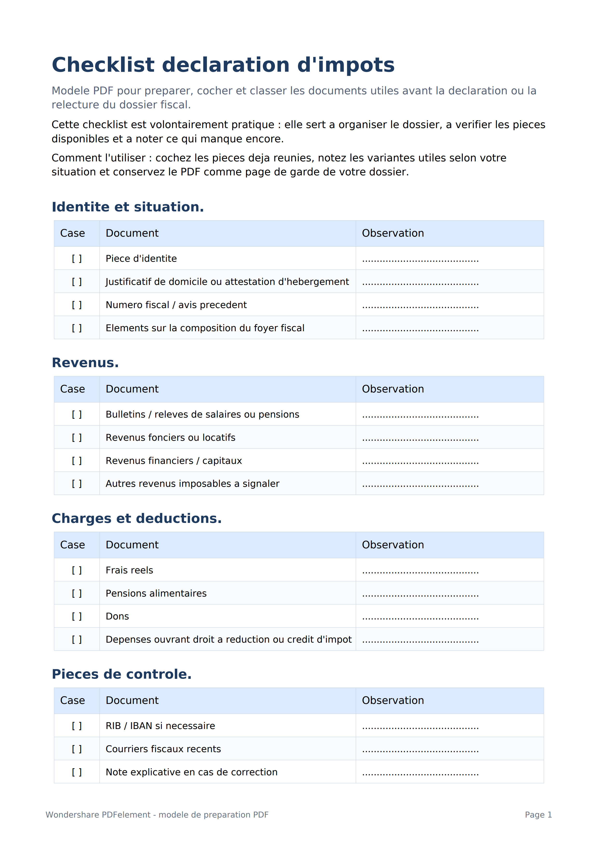 Checklist déclaration d'impôts PDF