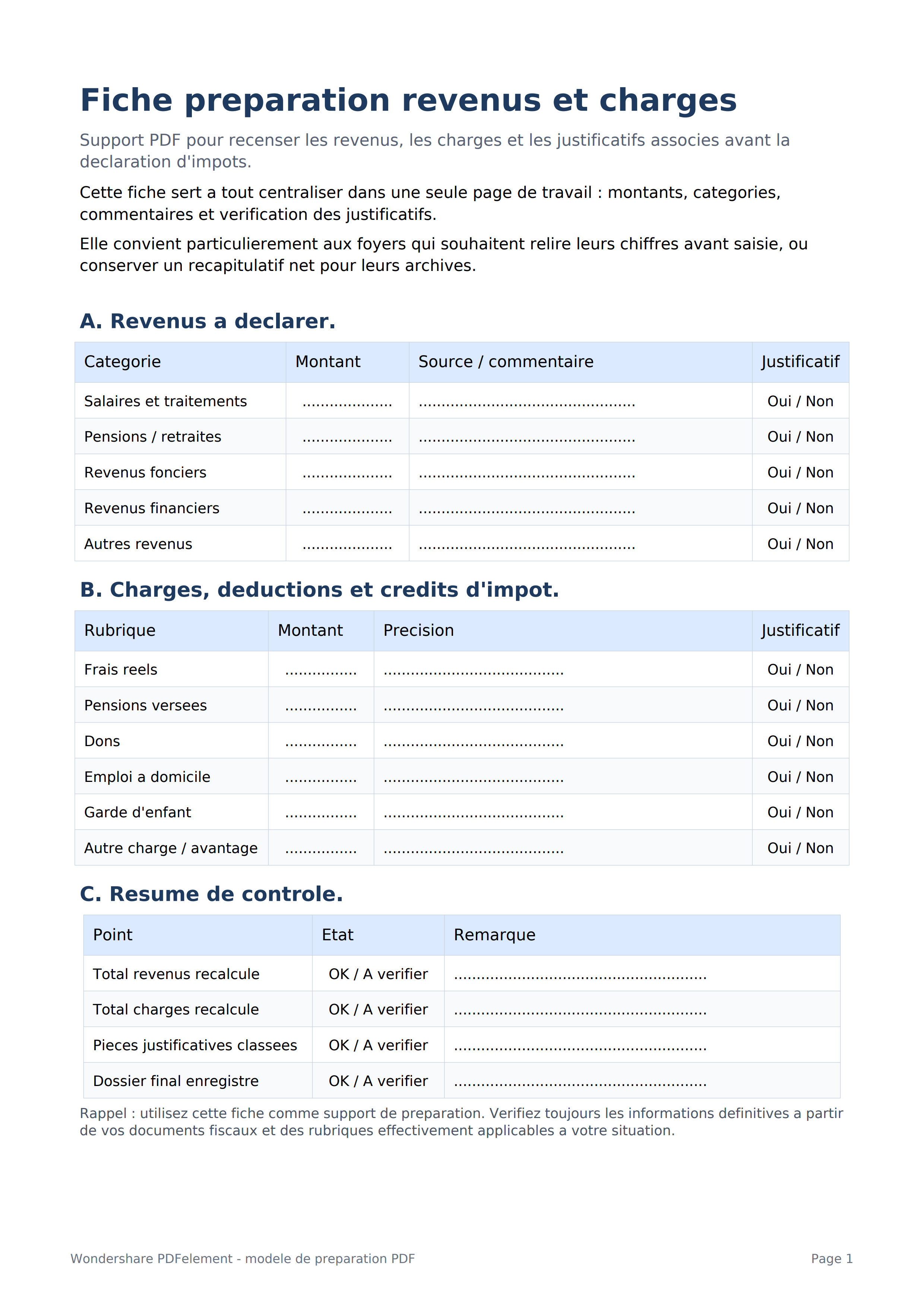 Fiche revenus et charges PDF