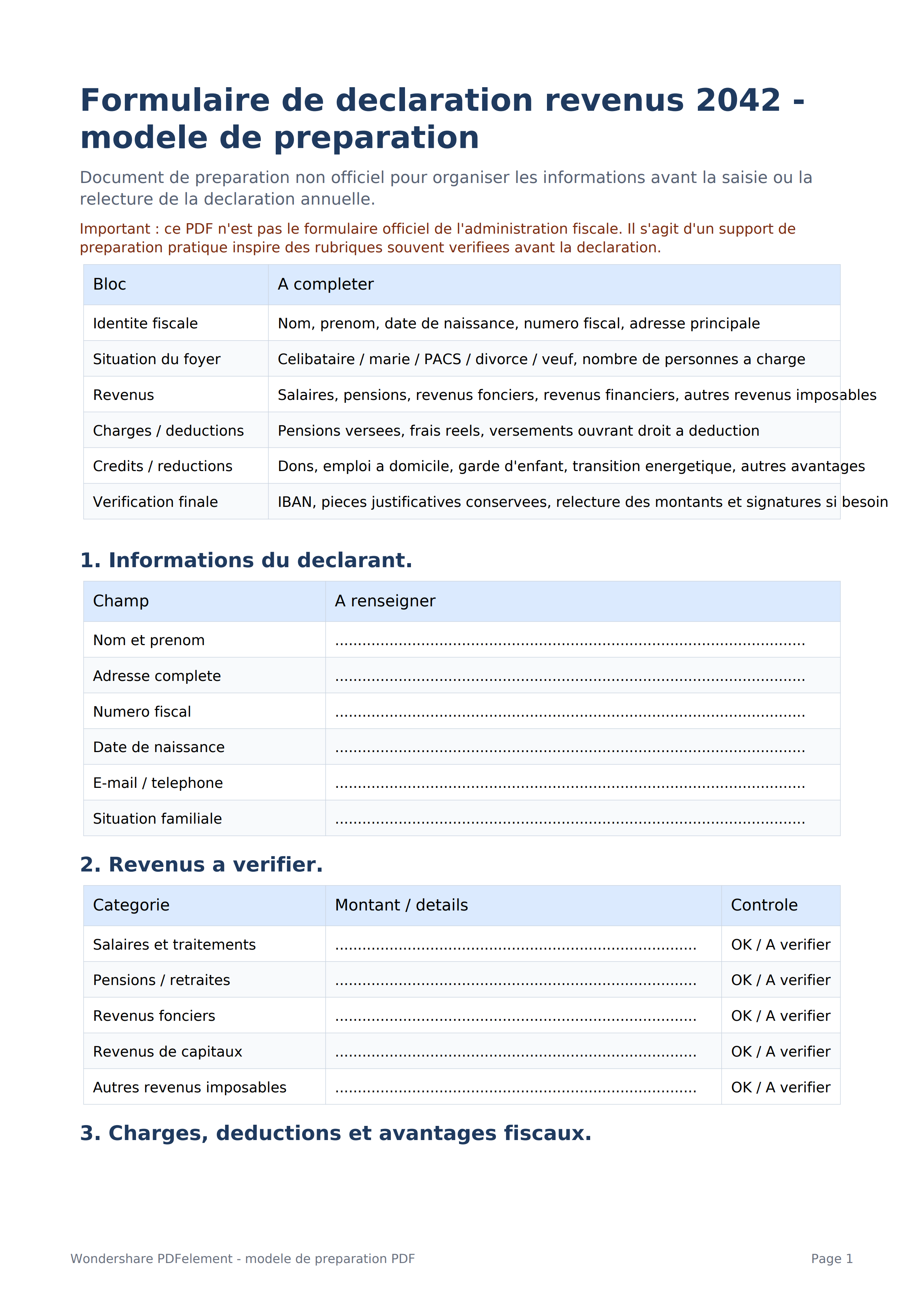 Formulaire déclaration revenus 2042 PDF